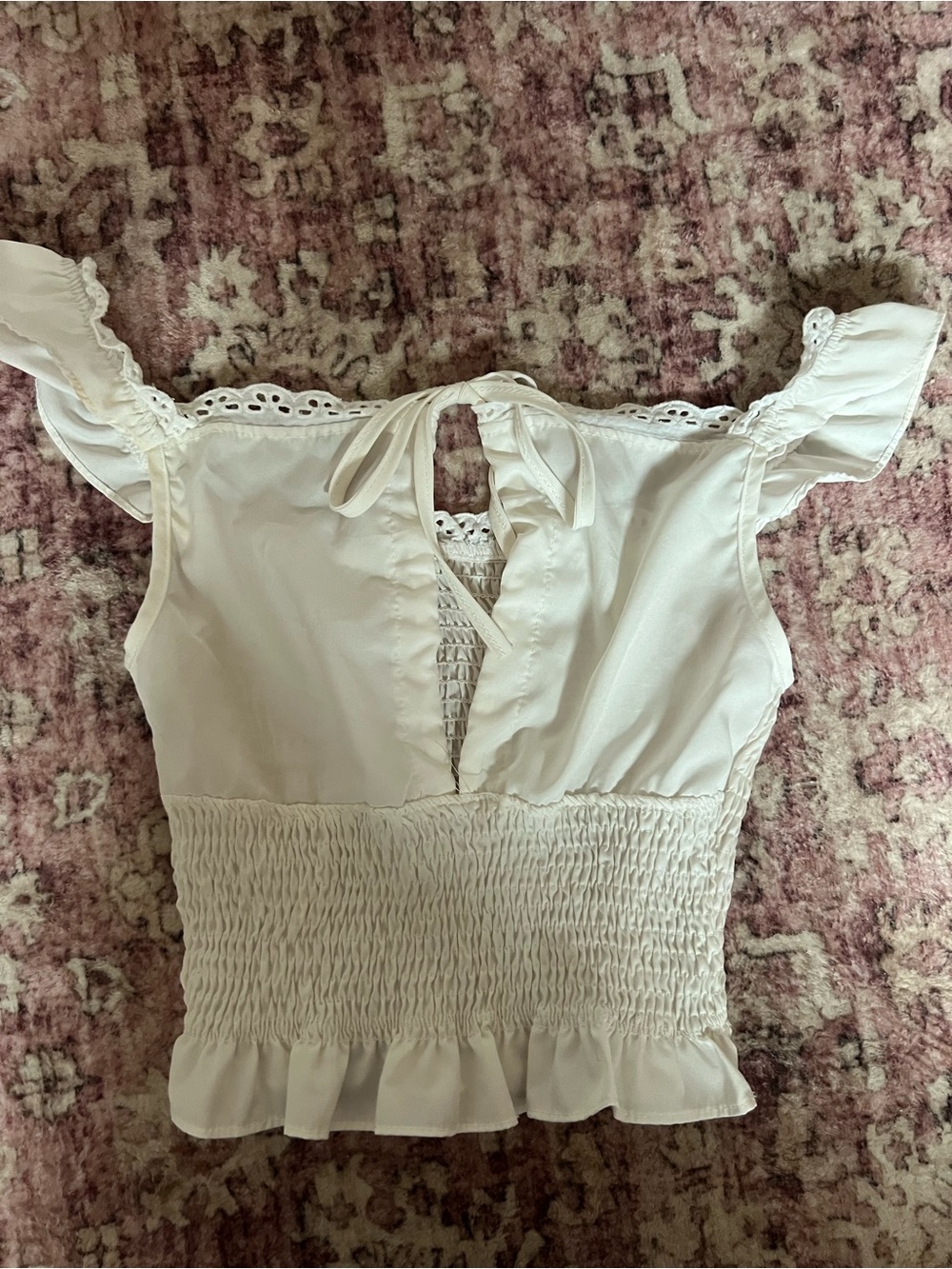 White Smocked Ruffle Tank Top with Lace Trim
